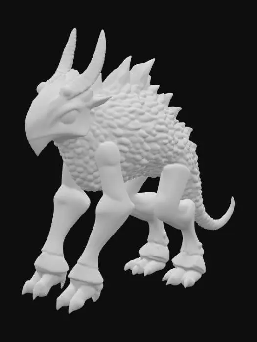 3D model for A creature combining a black bear's bulk with an alien morphology, its fur replaced by overlapping, obsidian-like scales that shift from deep indigo to matte black, giving it an armored, segmented appearance. Its immense, column-like legs end in flat, three-toed feet with hardened, ceramic-like pads. The head is broad and low-slung, dominated by a single, large, cyclopean eye that glows with an internal, greenish light, and two prominent, upward-curving horns that are smooth and cold to the touch, suggesting a dense, mineral composition., #PBR#