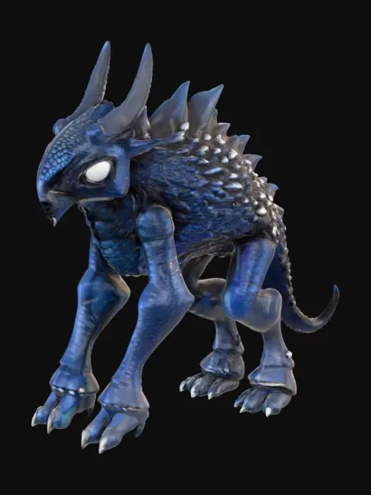 3D model for A creature combining a black bear's bulk with an alien morphology, its fur replaced by overlapping, obsidian-like scales that shift from deep indigo to matte black, giving it an armored, segmented appearance. Its immense, column-like legs end in flat, three-toed feet with hardened, ceramic-like pads. The head is broad and low-slung, dominated by a single, large, cyclopean eye that glows with an internal, greenish light, and two prominent, upward-curving horns that are smooth and cold to the touch, suggesting a dense, mineral composition., #PBR#