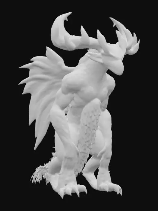 3D model for An imposing creature with the powerful, muscular physique of a lion, its body covered in shimmering, deep emerald-green scales that possess a metallic sheen and feel cool to the touch. Instead of a mane, its head is framed by a collection of sharp, obsidian-like quills that branch upwards, culminating in majestic, crystalline antlers that glow with a faint, internal violet light. Its piercing, multi-faceted eyes are the color of molten gold, and its robust limbs end in broad, five-digit paws with elongated, hook-like claws of polished dark metal., #PBR#