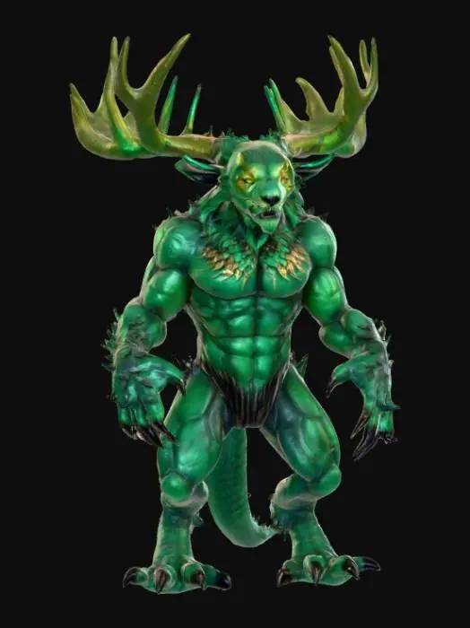 3D model for An imposing creature with the powerful, muscular physique of a lion, its body covered in shimmering, deep emerald-green scales that possess a metallic sheen and feel cool to the touch. Instead of a mane, its head is framed by a collection of sharp, obsidian-like quills that branch upwards, culminating in majestic, crystalline antlers that glow with a faint, internal violet light. Its piercing, multi-faceted eyes are the color of molten gold, and its robust limbs end in broad, five-digit paws with elongated, hook-like claws of polished dark metal., #PBR#