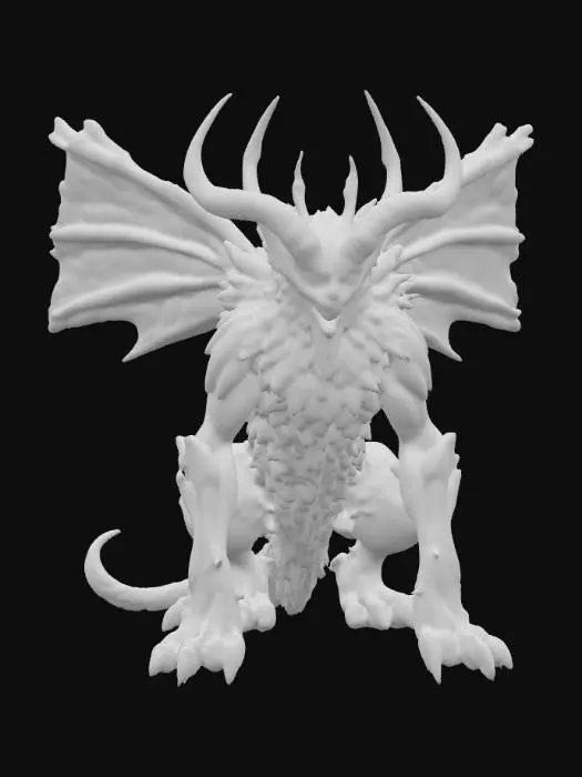 3D model for An imposing creature with the powerful, muscular physique of a lion, its body covered in shimmering, deep emerald-green scales that possess a metallic sheen and feel cool to the touch. Instead of a mane, its head is framed by a collection of sharp, obsidian-like quills that branch upwards, culminating in majestic, crystalline antlers that glow with a faint, internal violet light. Its piercing, multi-faceted eyes are the color of molten gold, and its robust limbs end in broad, five-digit paws with elongated, hook-like claws of polished dark metal., #PBR#