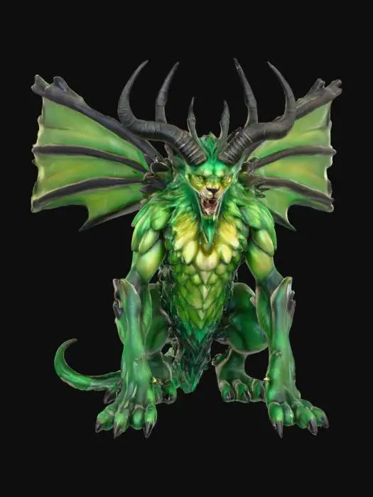 3D model for An imposing creature with the powerful, muscular physique of a lion, its body covered in shimmering, deep emerald-green scales that possess a metallic sheen and feel cool to the touch. Instead of a mane, its head is framed by a collection of sharp, obsidian-like quills that branch upwards, culminating in majestic, crystalline antlers that glow with a faint, internal violet light. Its piercing, multi-faceted eyes are the color of molten gold, and its robust limbs end in broad, five-digit paws with elongated, hook-like claws of polished dark metal., #PBR#