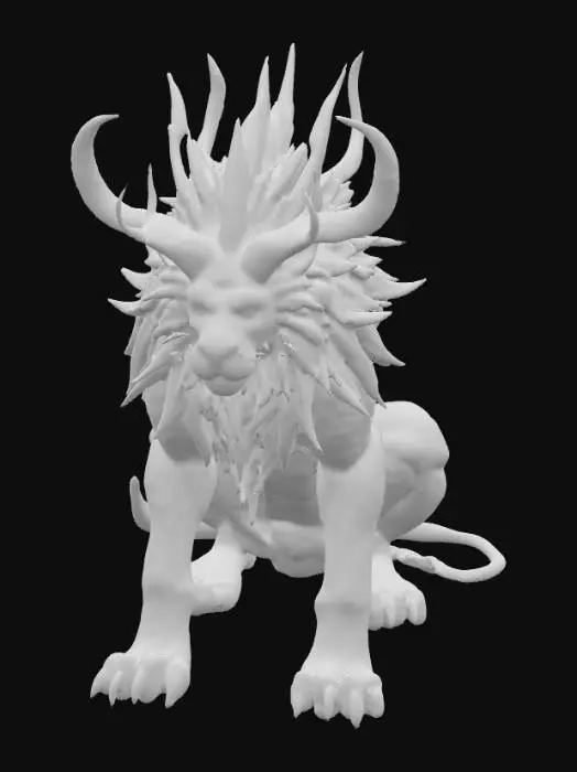 3D model for An imposing creature with the powerful, muscular physique of a lion, its body covered in shimmering, deep emerald-green scales that possess a metallic sheen and feel cool to the touch. Instead of a mane, its head is framed by a collection of sharp, obsidian-like quills that branch upwards, culminating in majestic, crystalline antlers that glow with a faint, internal violet light. Its piercing, multi-faceted eyes are the color of molten gold, and its robust limbs end in broad, five-digit paws with elongated, hook-like claws of polished dark metal., #PBR#