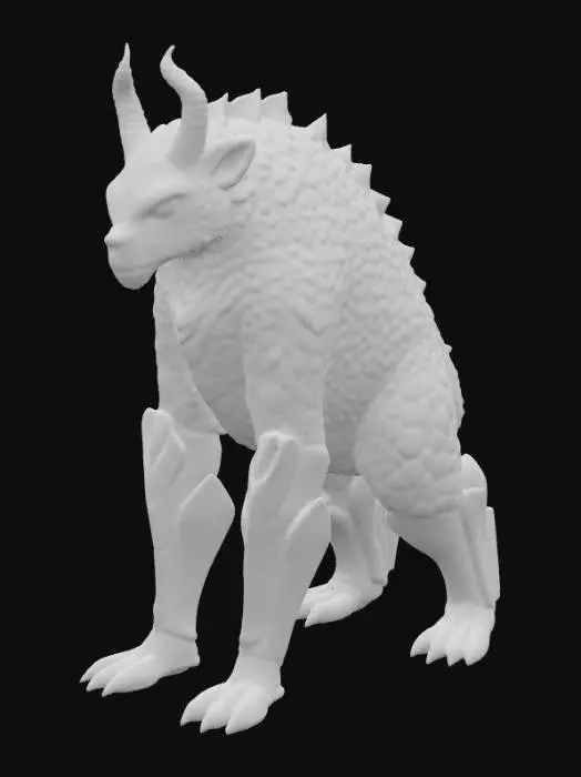 3D model for A creature combining a black bear's bulk with an alien morphology, its fur replaced by overlapping, obsidian-like scales that shift from deep indigo to matte black, giving it an armored, segmented appearance. Its immense, column-like legs end in flat, three-toed feet with hardened, ceramic-like pads. The head is broad and low-slung, dominated by a single, large, cyclopean eye that glows with an internal, greenish light, and two prominent, upward-curving horns that are smooth and cold to the touch, suggesting a dense, mineral composition., #PBR#