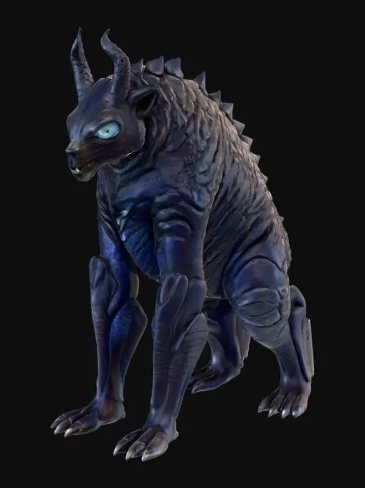 3D model for A creature combining a black bear's bulk with an alien morphology, its fur replaced by overlapping, obsidian-like scales that shift from deep indigo to matte black, giving it an armored, segmented appearance. Its immense, column-like legs end in flat, three-toed feet with hardened, ceramic-like pads. The head is broad and low-slung, dominated by a single, large, cyclopean eye that glows with an internal, greenish light, and two prominent, upward-curving horns that are smooth and cold to the touch, suggesting a dense, mineral composition., #PBR#