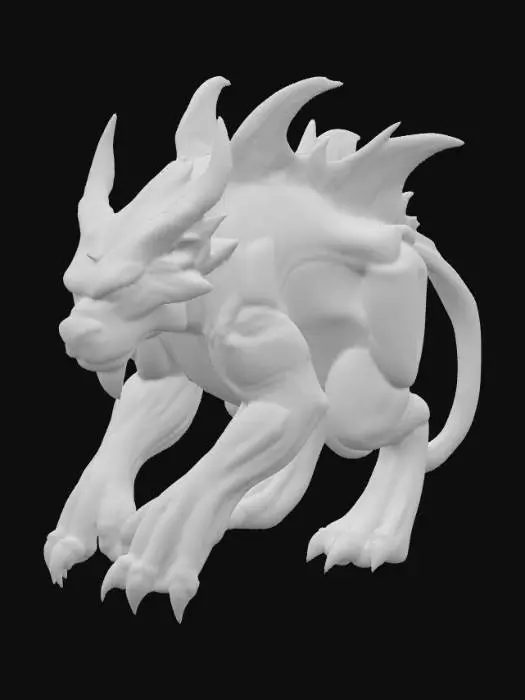 3D model for An imposing alien-lion hybrid creature, possessing the powerful, muscular build of a large feline but with skin resembling iridescent, deep blue scales that shimmer with subtle, oily reflections. A majestic mane of sharp, obsidian-like quills frames its head, tapering to points and feeling both brittle and smooth to the touch. Its face blends feline features with large, multi-faceted, glowing yellow eyes, while its four robust limbs end in broad, three-toed paws with claw-like projections that appear to be made of polished, dark metal., #PBR#