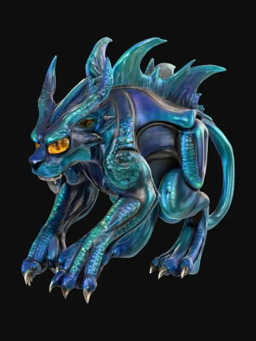 3D model for An imposing alien-lion hybrid creature, possessing the powerful, muscular build of a large feline but with skin resembling iridescent, deep blue scales that shimmer with subtle, oily reflections. A majestic mane of sharp, obsidian-like quills frames its head, tapering to points and feeling both brittle and smooth to the touch. Its face blends feline features with large, multi-faceted, glowing yellow eyes, while its four robust limbs end in broad, three-toed paws with claw-like projections that appear to be made of polished, dark metal., #PBR#