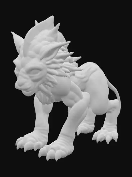 3D model for An imposing alien-lion hybrid creature, possessing the powerful, muscular build of a large feline but with skin resembling iridescent, deep blue scales that shimmer with subtle, oily reflections. A majestic mane of sharp, obsidian-like quills frames its head, tapering to points and feeling both brittle and smooth to the touch. Its face blends feline features with large, multi-faceted, glowing yellow eyes, while its four robust limbs end in broad, three-toed paws with claw-like projections that appear to be made of polished, dark metal., #PBR#