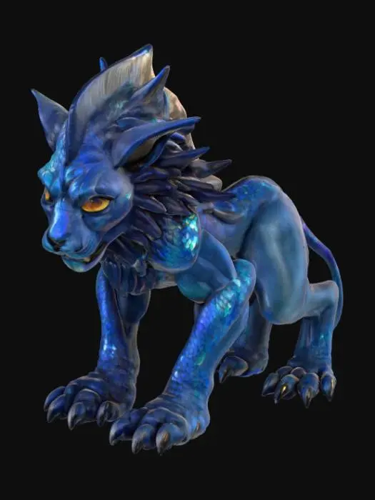 3D model for An imposing alien-lion hybrid creature, possessing the powerful, muscular build of a large feline but with skin resembling iridescent, deep blue scales that shimmer with subtle, oily reflections. A majestic mane of sharp, obsidian-like quills frames its head, tapering to points and feeling both brittle and smooth to the touch. Its face blends feline features with large, multi-faceted, glowing yellow eyes, while its four robust limbs end in broad, three-toed paws with claw-like projections that appear to be made of polished, dark metal., #PBR#