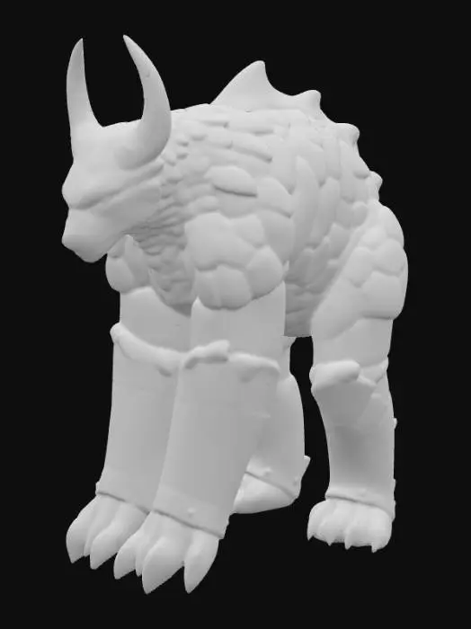 3D model for A creature combining a black bear's bulk with an alien morphology, its fur replaced by overlapping, obsidian-like scales that shift from deep indigo to matte black, giving it an armored, segmented appearance. Its immense, column-like legs end in flat, three-toed feet with hardened, ceramic-like pads. The head is broad and low-slung, dominated by a single, large, cyclopean eye that glows with an internal, greenish light, and two prominent, upward-curving horns that are smooth and cold to the touch, suggesting a dense, mineral composition., #PBR#