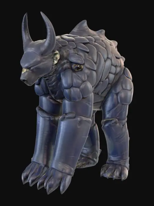 3D model for A creature combining a black bear's bulk with an alien morphology, its fur replaced by overlapping, obsidian-like scales that shift from deep indigo to matte black, giving it an armored, segmented appearance. Its immense, column-like legs end in flat, three-toed feet with hardened, ceramic-like pads. The head is broad and low-slung, dominated by a single, large, cyclopean eye that glows with an internal, greenish light, and two prominent, upward-curving horns that are smooth and cold to the touch, suggesting a dense, mineral composition., #PBR#