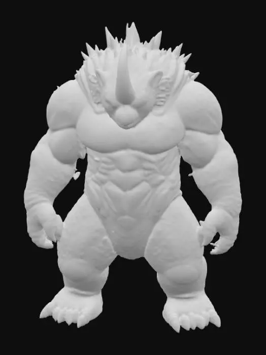 3D model for A creature combining a black bear's bulk with an alien morphology, its fur replaced by overlapping, obsidian-like scales that shift from deep indigo to matte black, giving it an armored, segmented appearance. Its immense, column-like legs end in flat, three-toed feet with hardened, ceramic-like pads. The head is broad and low-slung, dominated by a single, large, cyclopean eye that glows with an internal, greenish light, and two prominent, upward-curving horns that are smooth and cold to the touch, suggesting a dense, mineral composition., #PBR#