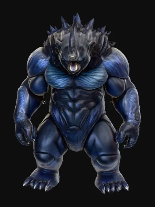 3D model for A creature combining a black bear's bulk with an alien morphology, its fur replaced by overlapping, obsidian-like scales that shift from deep indigo to matte black, giving it an armored, segmented appearance. Its immense, column-like legs end in flat, three-toed feet with hardened, ceramic-like pads. The head is broad and low-slung, dominated by a single, large, cyclopean eye that glows with an internal, greenish light, and two prominent, upward-curving horns that are smooth and cold to the touch, suggesting a dense, mineral composition., #PBR#