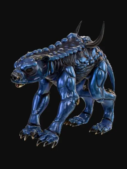 3D model for A creature combining a black bear's bulk with an alien morphology, its fur replaced by overlapping, obsidian-like scales that shift from deep indigo to matte black, giving it an armored, segmented appearance. Its immense, column-like legs end in flat, three-toed feet with hardened, ceramic-like pads. The head is broad and low-slung, dominated by a single, large, cyclopean eye that glows with an internal, greenish light, and two prominent, upward-curving horns that are smooth and cold to the touch, suggesting a dense, mineral composition., #PBR#