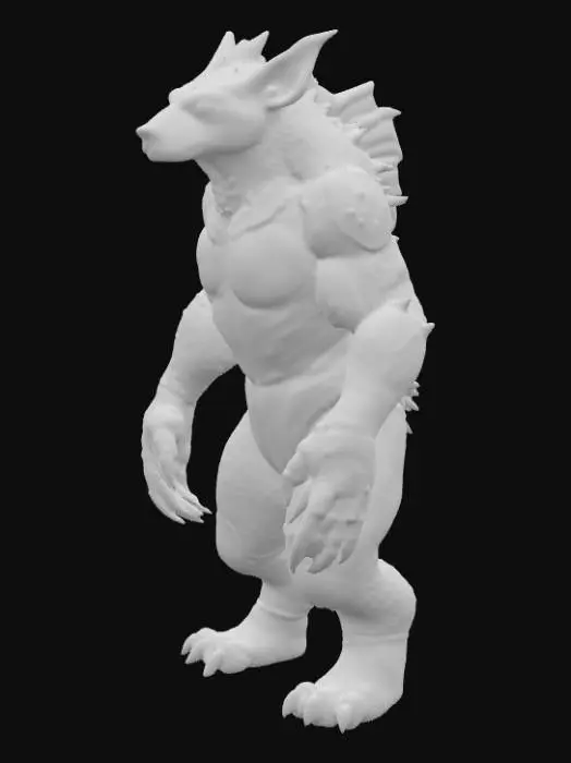 3D model for A creature combining a black bear's bulk with an alien morphology, its fur replaced by overlapping, obsidian-like scales that shift from deep indigo to matte black, giving it an armored, segmented appearance. Its immense, column-like legs end in flat, three-toed feet with hardened, ceramic-like pads. The head is broad and low-slung, dominated by a single, large, cyclopean eye that glows with an internal, greenish light, and two prominent, upward-curving horns that are smooth and cold to the touch, suggesting a dense, mineral composition., #PBR#