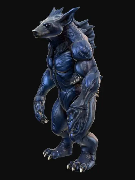 3D model for A creature combining a black bear's bulk with an alien morphology, its fur replaced by overlapping, obsidian-like scales that shift from deep indigo to matte black, giving it an armored, segmented appearance. Its immense, column-like legs end in flat, three-toed feet with hardened, ceramic-like pads. The head is broad and low-slung, dominated by a single, large, cyclopean eye that glows with an internal, greenish light, and two prominent, upward-curving horns that are smooth and cold to the touch, suggesting a dense, mineral composition., #PBR#