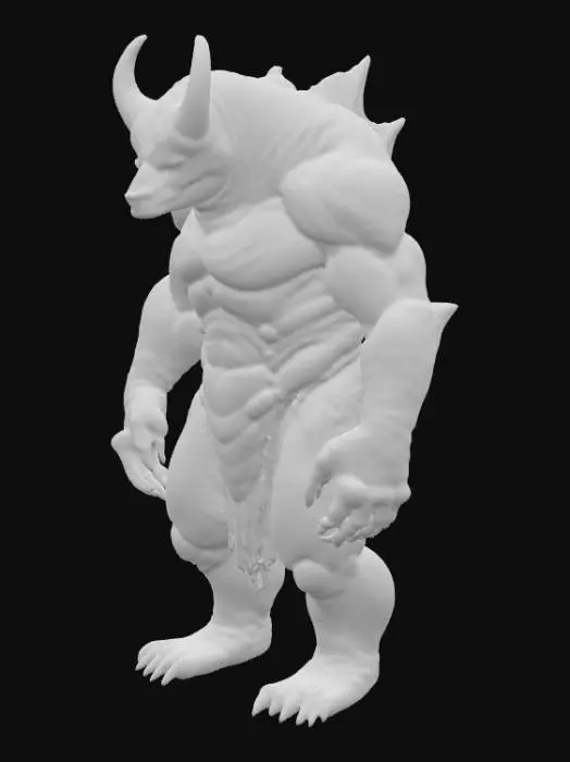 3D model for A creature combining a black bear's bulk with an alien morphology, its fur replaced by overlapping, obsidian-like scales that shift from deep indigo to matte black, giving it an armored, segmented appearance. Its immense, column-like legs end in flat, three-toed feet with hardened, ceramic-like pads. The head is broad and low-slung, dominated by a single, large, cyclopean eye that glows with an internal, greenish light, and two prominent, upward-curving horns that are smooth and cold to the touch, suggesting a dense, mineral composition., #PBR#