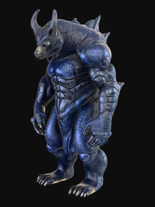 3D model for A creature combining a black bear's bulk with an alien morphology, its fur replaced by overlapping, obsidian-like scales that shift from deep indigo to matte black, giving it an armored, segmented appearance. Its immense, column-like legs end in flat, three-toed feet with hardened, ceramic-like pads. The head is broad and low-slung, dominated by a single, large, cyclopean eye that glows with an internal, greenish light, and two prominent, upward-curving horns that are smooth and cold to the touch, suggesting a dense, mineral composition., #PBR#