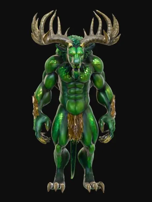 3D model for An imposing creature with the powerful, muscular physique of a lion, its body covered in shimmering, deep emerald-green scales that possess a metallic sheen and feel cool to the touch. Instead of a mane, its head is framed by a collection of sharp, obsidian-like quills that branch upwards, culminating in majestic, crystalline antlers that glow with a faint, internal violet light. Its piercing, multi-faceted eyes are the color of molten gold, and its robust limbs end in broad, five-digit paws with elongated, hook-like claws of polished dark metal., #PBR#