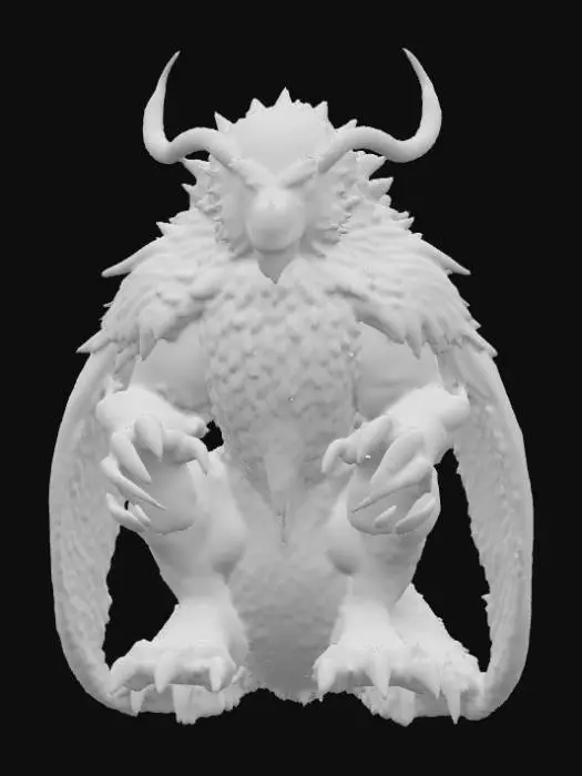 3D model for An imposing creature with the powerful, muscular physique of a lion, its body covered in shimmering, deep emerald-green scales that possess a metallic sheen and feel cool to the touch. Instead of a mane, its head is framed by a collection of sharp, obsidian-like quills that branch upwards, culminating in majestic, crystalline antlers that glow with a faint, internal violet light. Its piercing, multi-faceted eyes are the color of molten gold, and its robust limbs end in broad, five-digit paws with elongated, hook-like claws of polished dark metal., #PBR#