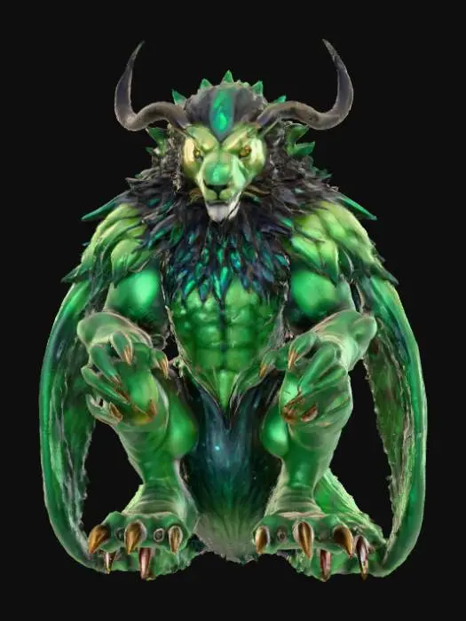 3D model for An imposing creature with the powerful, muscular physique of a lion, its body covered in shimmering, deep emerald-green scales that possess a metallic sheen and feel cool to the touch. Instead of a mane, its head is framed by a collection of sharp, obsidian-like quills that branch upwards, culminating in majestic, crystalline antlers that glow with a faint, internal violet light. Its piercing, multi-faceted eyes are the color of molten gold, and its robust limbs end in broad, five-digit paws with elongated, hook-like claws of polished dark metal., #PBR#