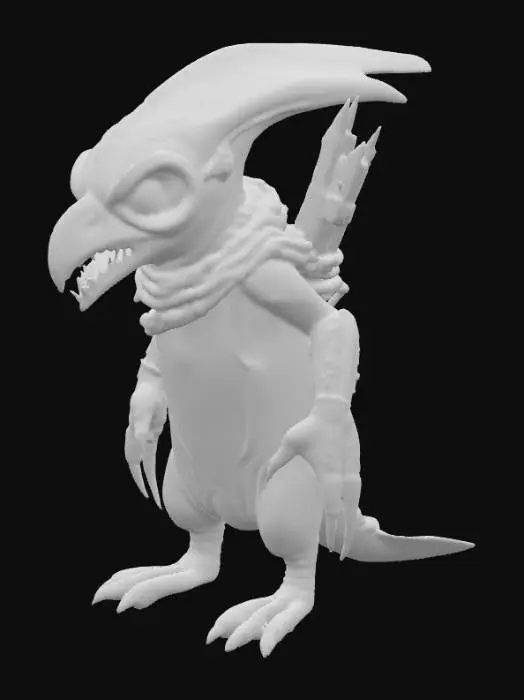 3D model for An imposing alien-penguin monster hybrid, standing upright with a formidable, barrel-chested body covered in thick, dark grey chitinous plates that are both smooth and incredibly hard. Its chest features a glowing, pulsating sac of viscous bioluminescent fluid, casting an eerie green light. Its flipper-like limbs are edged with serrated, obsidian-like blades, while its head is a broad, segmented skull with two large, unblinking red compound eyes and a gaping, tooth-filled maw of sharp, crystalline fangs.