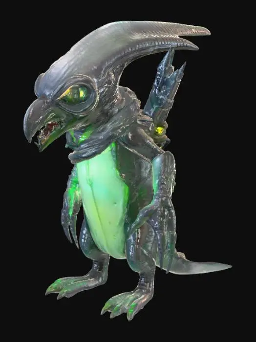 3D model for An imposing alien-penguin monster hybrid, standing upright with a formidable, barrel-chested body covered in thick, dark grey chitinous plates that are both smooth and incredibly hard. Its chest features a glowing, pulsating sac of viscous bioluminescent fluid, casting an eerie green light. Its flipper-like limbs are edged with serrated, obsidian-like blades, while its head is a broad, segmented skull with two large, unblinking red compound eyes and a gaping, tooth-filled maw of sharp, crystalline fangs.