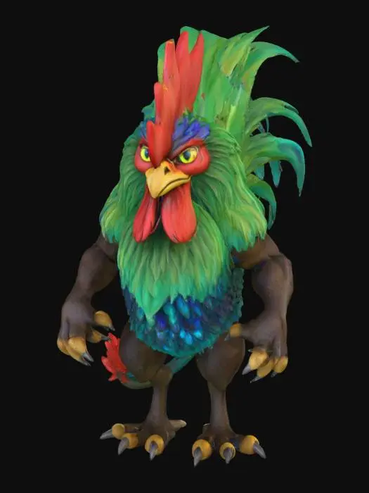 3D model for A formidable creature with the muscular, tawny body of a lion, but instead of a mane, its neck is adorned with a vibrant ruff of iridescent, green and blue rooster feathers. Its head features piercing feline eyes and a powerful, almost beak-like snout, topped with a prominent, fleshy red comb and wattle. Its four powerful limbs end in large, clawed paws, each equipped with a sharp, keratinous spur on the back. A lion's tail, tipped with a tuft of multi-colored feathers, completes its unique appearance, a blend of soft fur and sleek feathers.