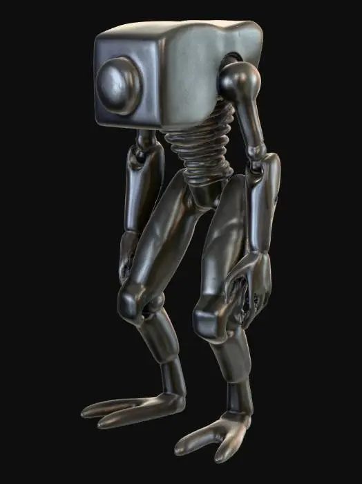 3D model for A strange, bipedal creature with a smooth, elongated body resembling a polished, dark grey stone column, tapering slightly at the top. Its head is completely featureless, devoid of eyes, nose, or mouth, presenting an unnerving, blank surface. Its skin is a uniform, matte charcoal color, feeling cool and exceptionally smooth to the touch, like finely sanded granite. The creature's limbs are thick and cylindrical, ending in flat, disc-like feet, suggesting a ponderous yet solid structure.