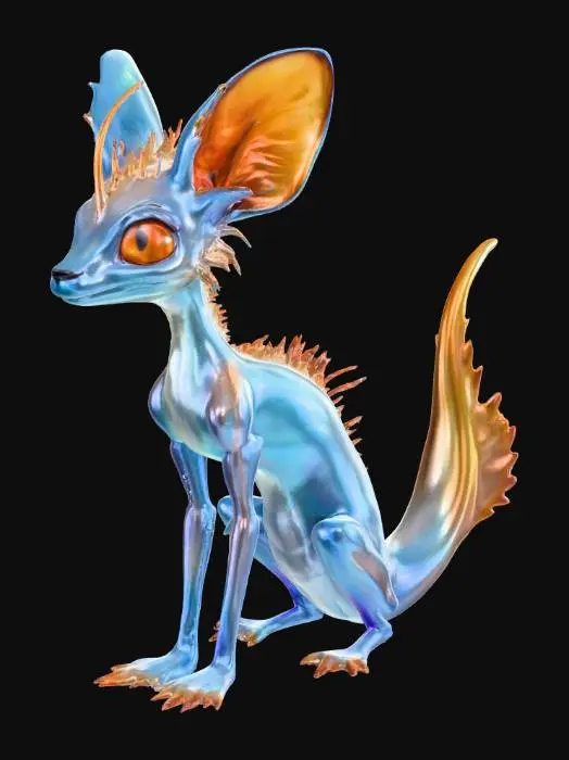 3D model for A lithe, fox-like creature with sleek, iridescent fur that shimmers from deep russet to electric blue, feeling soft yet subtly scaly to the touch. Its elongated snout features a small, vertical maw, and its eyes are large, multi-faceted orbs of glowing amber. Two long, flexible antennae extend from behind its pointed, velvety ears, sensing vibrations with a delicate, chitinous texture. Its slender limbs end in four-toed paws with dark, smooth, crystalline claws, giving it an agile yet ethereal presence.