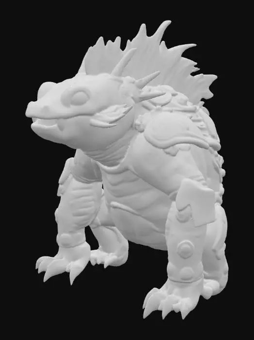 3D model for A ferocious hybrid creature with a stocky, muscular body akin to a Tasmanian devil, yet entirely encased in overlapping, rough pangolin scales that form a formidable, armored shell in mottled grey and dark brown. Its broad head features sharp, gleaming teeth in a powerful jaw, flanked by soft, feathery axolotl gills that pulsate gently, a vibrant pinkish-red. Its short, powerful limbs end in strong, dark claws, protruding from the segmented armor. The texture is a stark contrast between hard, scaly plates and delicate, moist gills.
