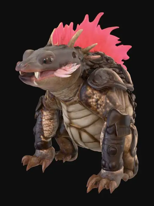 3D model for A ferocious hybrid creature with a stocky, muscular body akin to a Tasmanian devil, yet entirely encased in overlapping, rough pangolin scales that form a formidable, armored shell in mottled grey and dark brown. Its broad head features sharp, gleaming teeth in a powerful jaw, flanked by soft, feathery axolotl gills that pulsate gently, a vibrant pinkish-red. Its short, powerful limbs end in strong, dark claws, protruding from the segmented armor. The texture is a stark contrast between hard, scaly plates and delicate, moist gills.