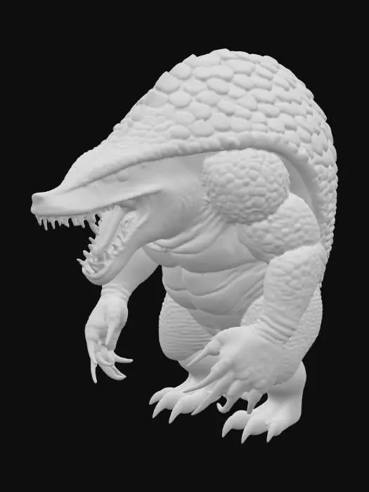 3D model for A ferocious hybrid creature with a stocky, muscular body akin to a Tasmanian devil, yet entirely encased in overlapping, rough pangolin scales that form a formidable, armored shell in mottled grey and dark brown. Its broad head features sharp, gleaming teeth in a powerful jaw, flanked by soft, feathery axolotl gills that pulsate gently, a vibrant pinkish-red. Its short, powerful limbs end in strong, dark claws, protruding from the segmented armor. The texture is a stark contrast between hard, scaly plates and delicate, moist gills.