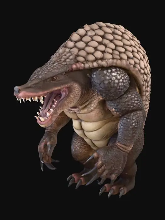 3D model for A ferocious hybrid creature with a stocky, muscular body akin to a Tasmanian devil, yet entirely encased in overlapping, rough pangolin scales that form a formidable, armored shell in mottled grey and dark brown. Its broad head features sharp, gleaming teeth in a powerful jaw, flanked by soft, feathery axolotl gills that pulsate gently, a vibrant pinkish-red. Its short, powerful limbs end in strong, dark claws, protruding from the segmented armor. The texture is a stark contrast between hard, scaly plates and delicate, moist gills.