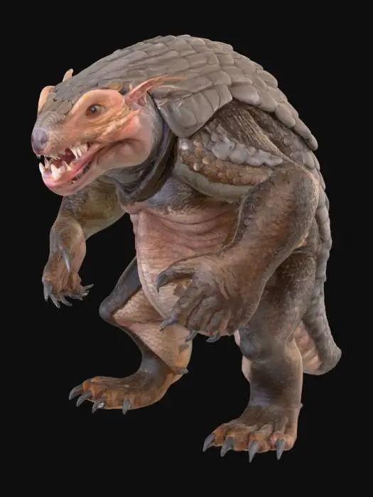 3D model for A ferocious hybrid creature with a stocky, muscular body akin to a Tasmanian devil, yet entirely encased in overlapping, rough pangolin scales that form a formidable, armored shell in mottled grey and dark brown. Its broad head features sharp, gleaming teeth in a powerful jaw, flanked by soft, feathery axolotl gills that pulsate gently, a vibrant pinkish-red. Its short, powerful limbs end in strong, dark claws, protruding from the segmented armor. The texture is a stark contrast between hard, scaly plates and delicate, moist gills.