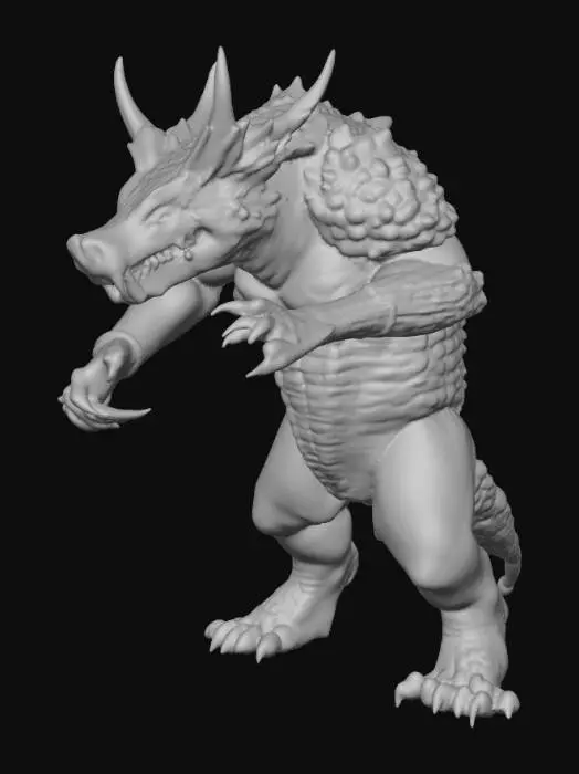 3D model for A ferocious hybrid creature with a stocky, muscular body akin to a Tasmanian devil, yet entirely encased in overlapping, rough pangolin scales that form a formidable, armored shell in mottled grey and dark brown. Its broad head features sharp, gleaming teeth in a powerful jaw, flanked by soft, feathery axolotl gills that pulsate gently, a vibrant pinkish-red. Its short, powerful limbs end in strong, dark claws, protruding from the segmented armor. The texture is a stark contrast between hard, scaly plates and delicate, moist gills.