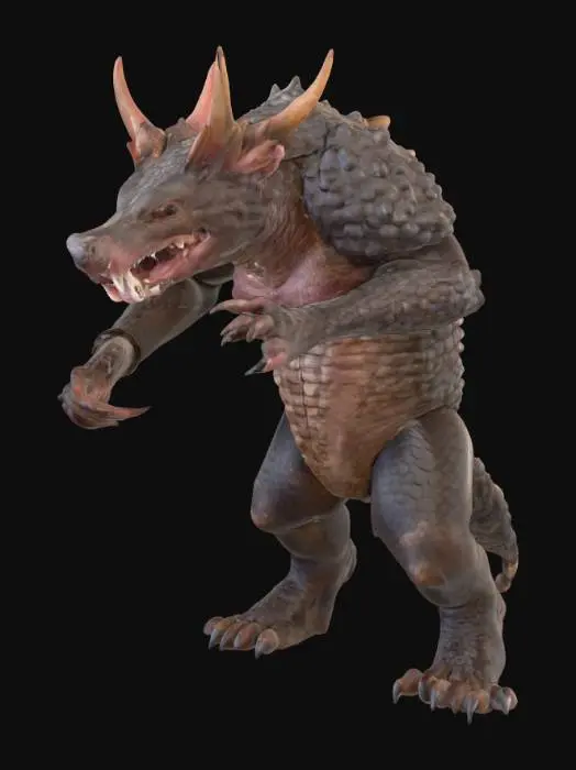 3D model for A ferocious hybrid creature with a stocky, muscular body akin to a Tasmanian devil, yet entirely encased in overlapping, rough pangolin scales that form a formidable, armored shell in mottled grey and dark brown. Its broad head features sharp, gleaming teeth in a powerful jaw, flanked by soft, feathery axolotl gills that pulsate gently, a vibrant pinkish-red. Its short, powerful limbs end in strong, dark claws, protruding from the segmented armor. The texture is a stark contrast between hard, scaly plates and delicate, moist gills.