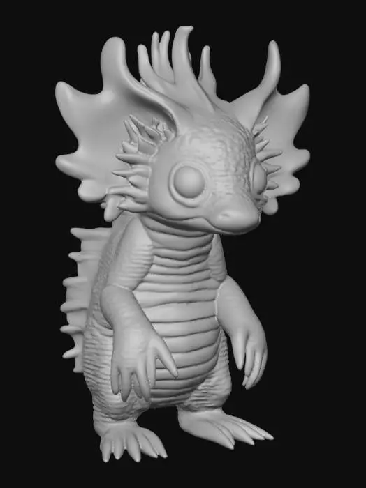 3D model for A bizarre hybrid creature with a compact body covered in soft, pale pink, semi-translucent pangolin-like scales that feel surprisingly smooth and slightly moist. It possesses the large, luminous eyes of an aye-aye, set in a broad face, framed by feathery, dark pink axolotl gills that pulsate gently behind its head. Its slender, clawed limbs, reminiscent of an aye-aye's, feature elongated, bony digits with sharp tips. A long, bushy tail, covered in similar translucent scales, completes its unique, delicate yet armored form.