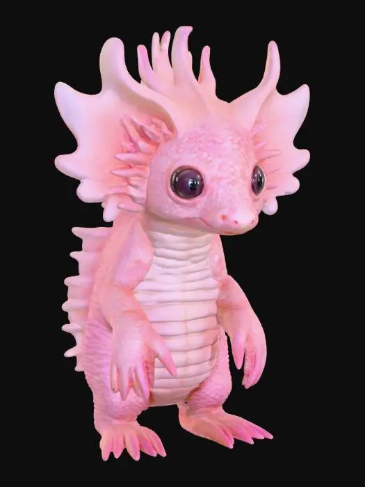 3D model for A bizarre hybrid creature with a compact body covered in soft, pale pink, semi-translucent pangolin-like scales that feel surprisingly smooth and slightly moist. It possesses the large, luminous eyes of an aye-aye, set in a broad face, framed by feathery, dark pink axolotl gills that pulsate gently behind its head. Its slender, clawed limbs, reminiscent of an aye-aye's, feature elongated, bony digits with sharp tips. A long, bushy tail, covered in similar translucent scales, completes its unique, delicate yet armored form.