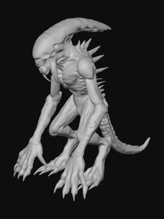 3D model for A terrifying Giger-inspired monster, its full body an unsettling fusion of biomechanical horror and dark fantasy. Its elongated, skeletal frame is covered in a glistening, dark obsidian chitin that feels both slick and incredibly hard. Ribbed, sinuous limbs end in razor-sharp, polished bone claws, while its segmented torso reveals pulsating organic tissue beneath cool, dark plates. Its head is a nightmare of fused bone and metal, with a gaping, tooth-filled maw and hollow, light-absorbing voids for eyes, creating a chilling mix of cold metal, wet organic matter, and brittle bone textures.