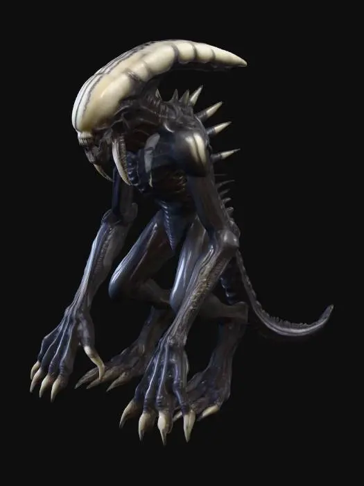 3D model for A terrifying Giger-inspired monster, its full body an unsettling fusion of biomechanical horror and dark fantasy. Its elongated, skeletal frame is covered in a glistening, dark obsidian chitin that feels both slick and incredibly hard. Ribbed, sinuous limbs end in razor-sharp, polished bone claws, while its segmented torso reveals pulsating organic tissue beneath cool, dark plates. Its head is a nightmare of fused bone and metal, with a gaping, tooth-filled maw and hollow, light-absorbing voids for eyes, creating a chilling mix of cold metal, wet organic matter, and brittle bone textures.