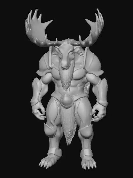 3D model for A formidable creature, blending the robust, muscular body of a horse with the impressive size and silhouette of a moose, yet heavily armored like an armadillo. Its back and flanks are protected by a series of interlocking, dark grey bony plates that feel hard and rough to the touch, contrasting with the coarse, brownish-black fur on its legs, neck, and underside. A massive, horse-like head is crowned with broad, palmate moose antlers. Its powerful, columnar legs end in sturdy, cloven hooves, giving it an imposing and heavily armored presence.