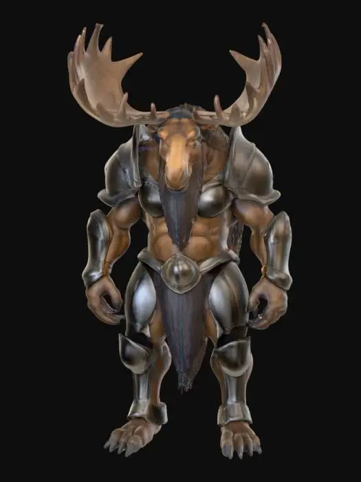 3D model for A formidable creature, blending the robust, muscular body of a horse with the impressive size and silhouette of a moose, yet heavily armored like an armadillo. Its back and flanks are protected by a series of interlocking, dark grey bony plates that feel hard and rough to the touch, contrasting with the coarse, brownish-black fur on its legs, neck, and underside. A massive, horse-like head is crowned with broad, palmate moose antlers. Its powerful, columnar legs end in sturdy, cloven hooves, giving it an imposing and heavily armored presence.