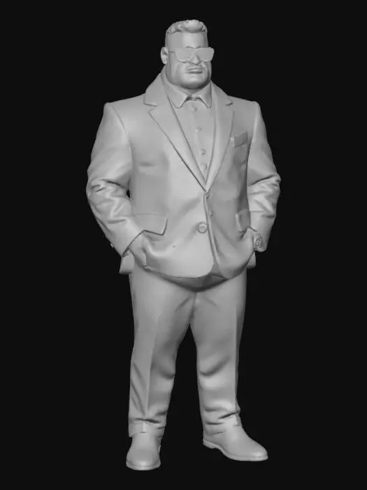 3D model for A large, imposing man with a powerfully built physique. He sports a sharply cut hairstyle, meticulously sculpted with precise lines. He wears a striking pink striped suit, tailored to emphasize his broad frame, its fabric appearing smooth and slightly lustrous. Dark, opaque sunglasses obscure his eyes, giving him a cool, unreadable demeanor. Between his fingers, he holds a lit cigarette, its white paper and tan filter contrasting with his dark attire., #villain#