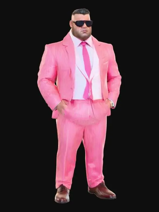 3D model for A large, imposing man with a powerfully built physique. He sports a sharply cut hairstyle, meticulously sculpted with precise lines. He wears a striking pink striped suit, tailored to emphasize his broad frame, its fabric appearing smooth and slightly lustrous. Dark, opaque sunglasses obscure his eyes, giving him a cool, unreadable demeanor. Between his fingers, he holds a lit cigarette, its white paper and tan filter contrasting with his dark attire., #villain#