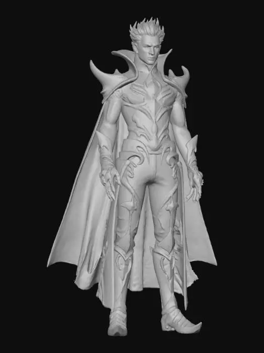 3D model for An over-the-top villain with an impossibly broad, muscular physique draped in a theatrical, high-collared cape of deep crimson velvet, lined with shimmering black silk. His meticulously styled, gravity-defying hair is a stark white, contrasting with his unnaturally pale, angular face. Piercing, glowing yellow eyes dominate his features, and a sneering, thin-lipped mouth hints at malevolence. He wears an intricately designed, gold-trimmed obsidian suit with sharp, exaggerated shoulder pads, and his hands are adorned with large, menacing claw-like rings., #villain#