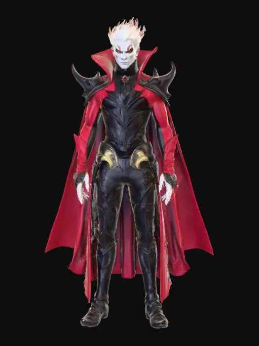 3D model for An over-the-top villain with an impossibly broad, muscular physique draped in a theatrical, high-collared cape of deep crimson velvet, lined with shimmering black silk. His meticulously styled, gravity-defying hair is a stark white, contrasting with his unnaturally pale, angular face. Piercing, glowing yellow eyes dominate his features, and a sneering, thin-lipped mouth hints at malevolence. He wears an intricately designed, gold-trimmed obsidian suit with sharp, exaggerated shoulder pads, and his hands are adorned with large, menacing claw-like rings., #villain#
