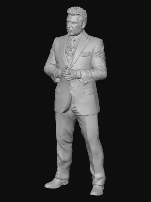 3D model for An over-the-top mob boss with a formidable, barrel-chested physique, impeccably dressed in a custom-tailored, emerald green silk suit with exaggerated lapels and gold pinstripes. His slicked-back, dark hair gleams, contrasting with his swarthy, stern face, which holds a perpetual, arrogant sneer. Heavy gold chains gleam around his thick neck, and diamond-encrusted rings adorn every finger. A large, expensive cigar with a strong aroma is clasped between his thick fingers, emphasizing his lavish and intimidating presence., #villain#