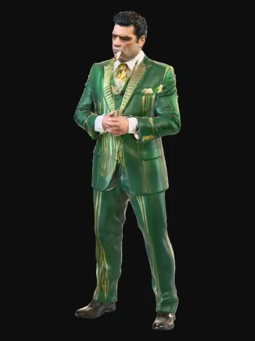 3D model for An over-the-top mob boss with a formidable, barrel-chested physique, impeccably dressed in a custom-tailored, emerald green silk suit with exaggerated lapels and gold pinstripes. His slicked-back, dark hair gleams, contrasting with his swarthy, stern face, which holds a perpetual, arrogant sneer. Heavy gold chains gleam around his thick neck, and diamond-encrusted rings adorn every finger. A large, expensive cigar with a strong aroma is clasped between his thick fingers, emphasizing his lavish and intimidating presence., #villain#
