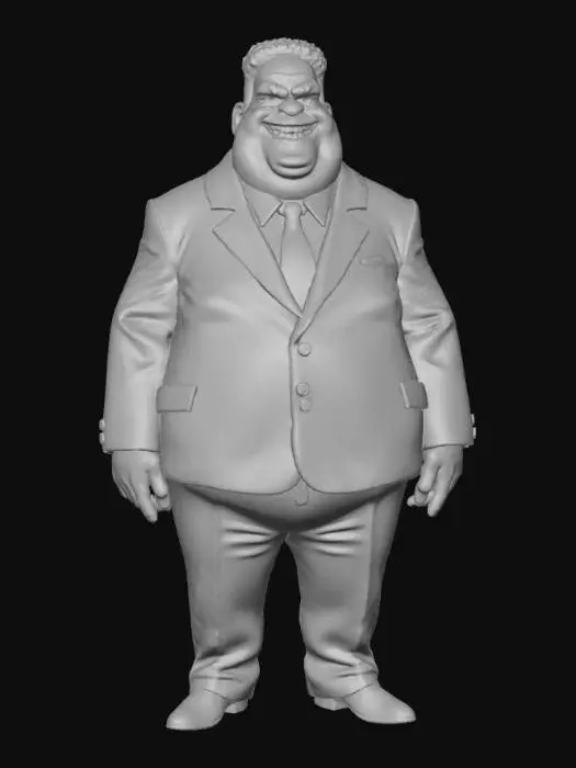 3D model for A short, stocky, and round man with a noticeably bulging belly, barely contained within a dark, ill-fitted suit that sags at the shoulders and wrinkles around the waist. His clothing appears unkempt, with creases and possibly loose threads. His broad face is dominated by a wide, sinister grin that reveals too many teeth, and his short, unkempt hair adds to his sloppy appearance. His posture is somewhat slumped, suggesting a lack of care despite his formal attire., #villain#